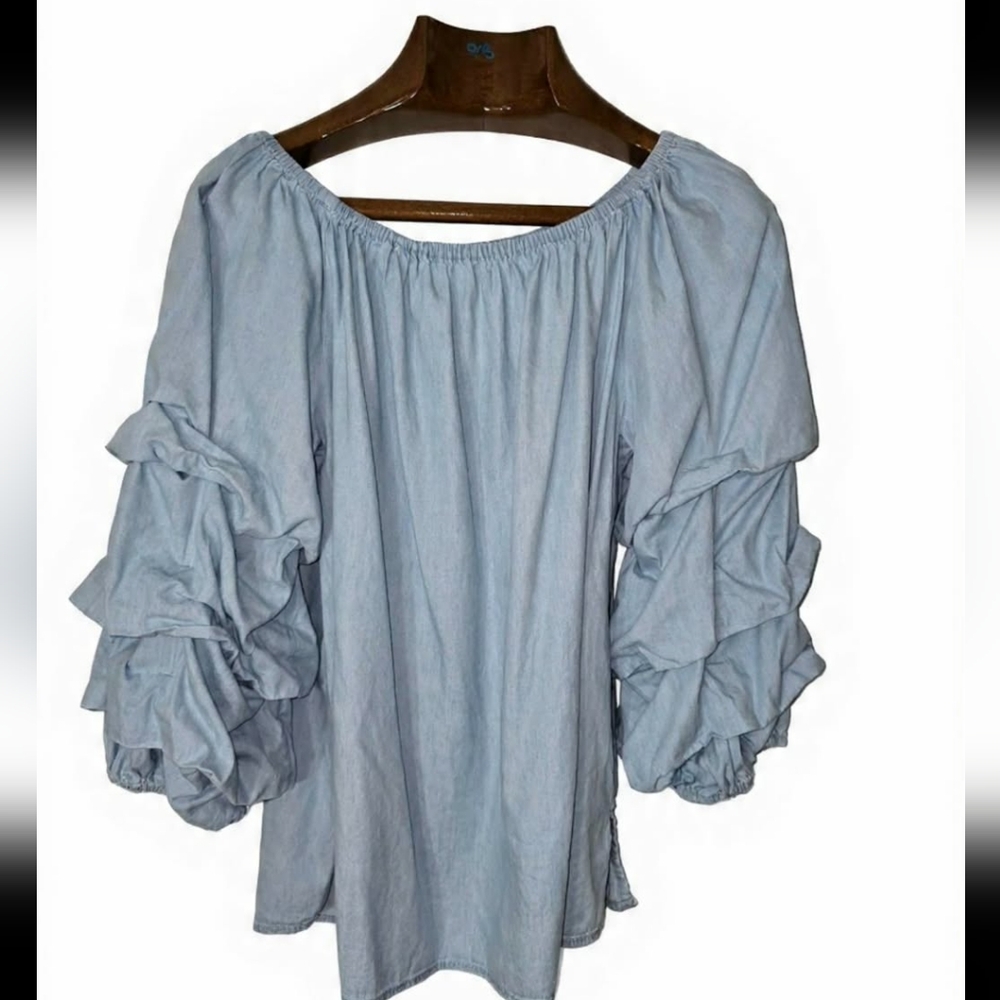 Jane and Delancey Sky‎ Blue Ruffle Sleeve Off Shoulder Prairie Top Soft Cozy